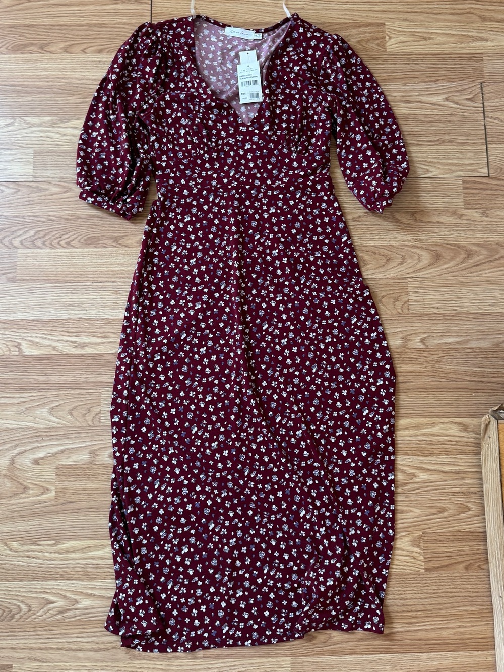 NWT All in Favor Burgundy Floral Midi Dress with Puff Sleeves